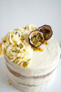 top view of coconut cake with passionfruit pulp