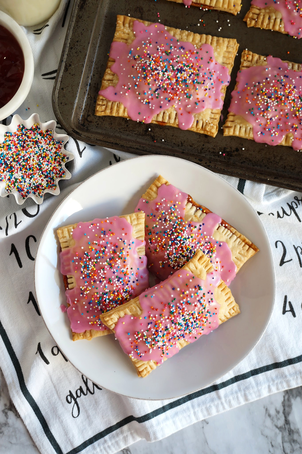 overhead shot of pop tarts on plate and tray