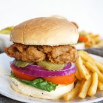 close up of vegan fried chick'n sandwich