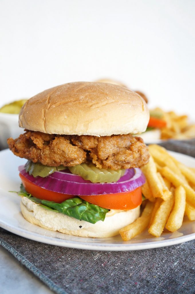 close up of vegan fried chick'n sandwich