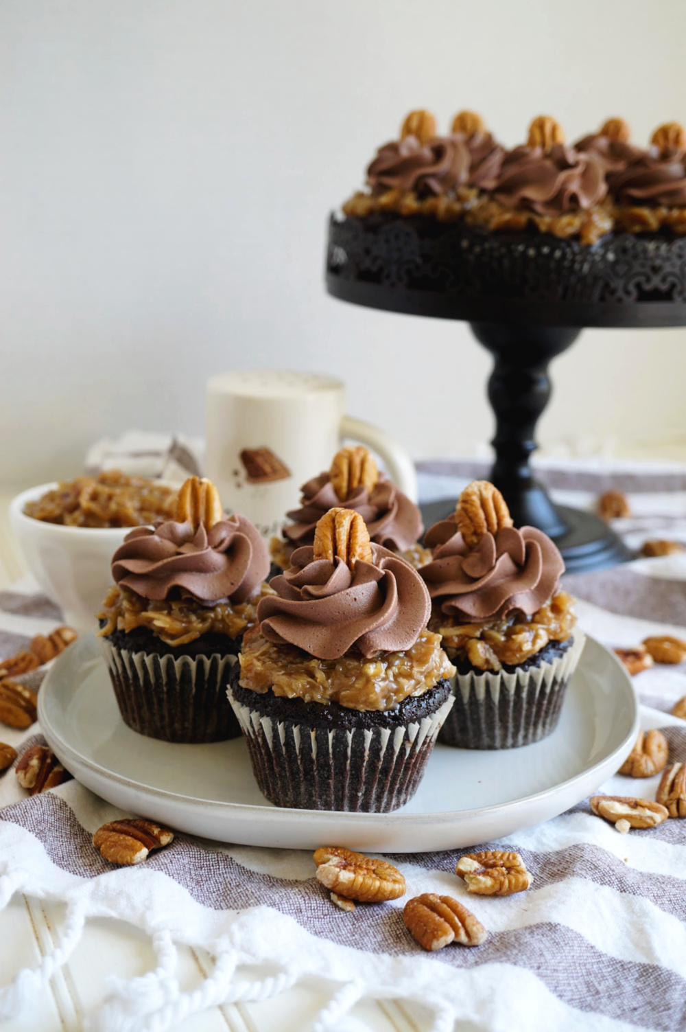 german chocolate cupcakes on a plate