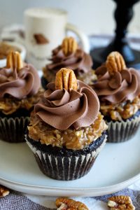 close up of german chocolate cupcake