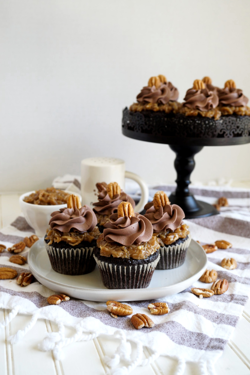 plate full of german chocolate cupcakes