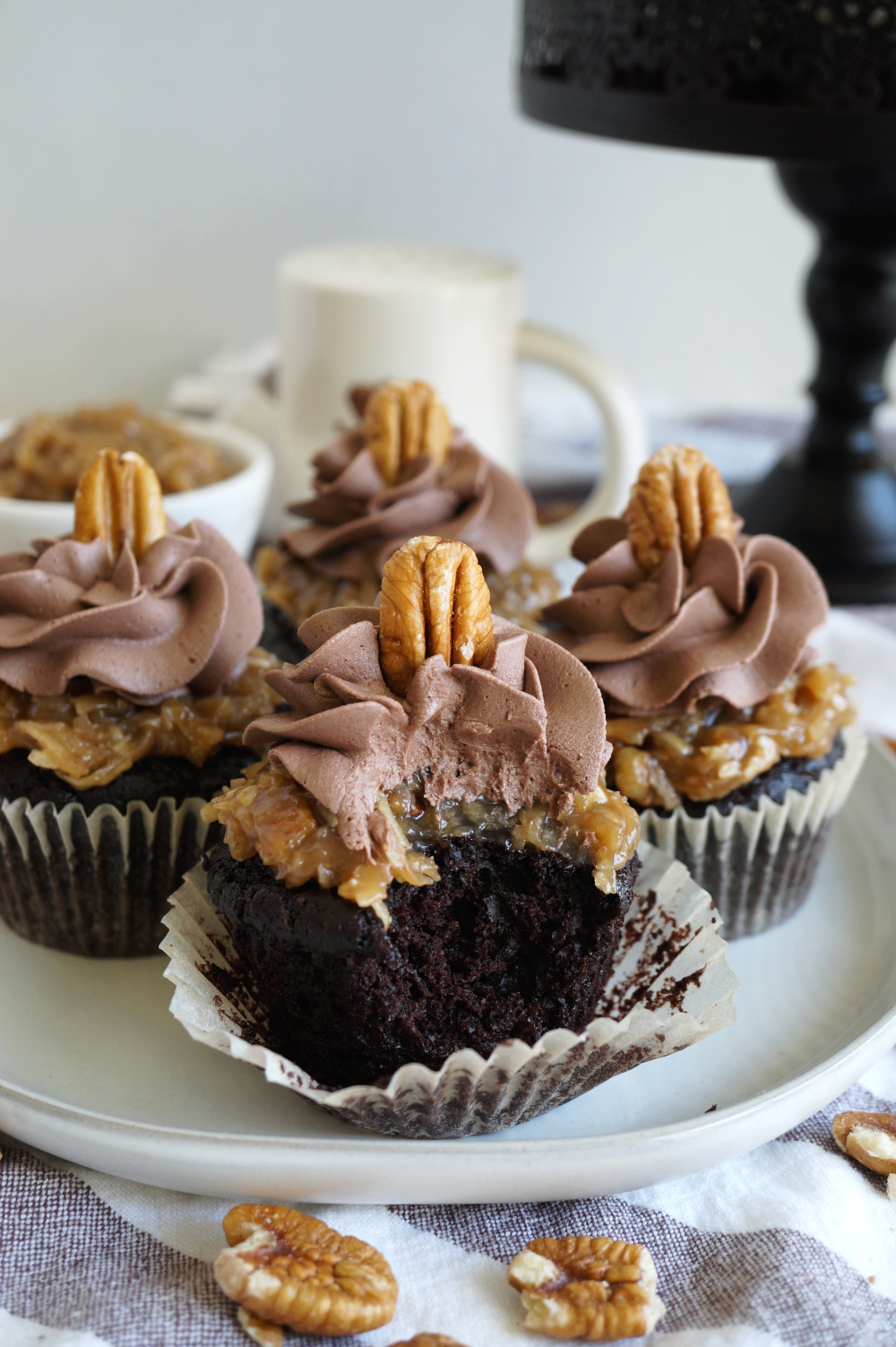 german chocolate cupcake with bite