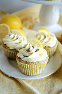 close up of a lemon poppyseed cupcake
