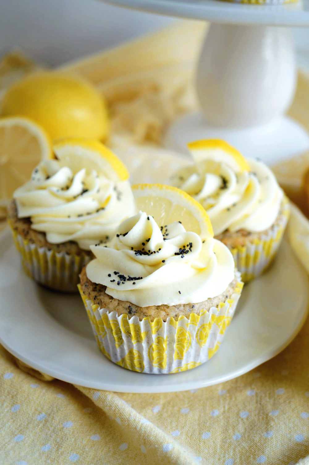 close up of a lemon poppyseed cupcake