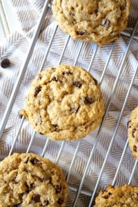 overhead shot of banana chocolate chip cookie