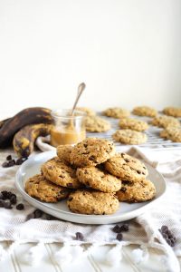 stack of banana chocolate chip cookies on plate