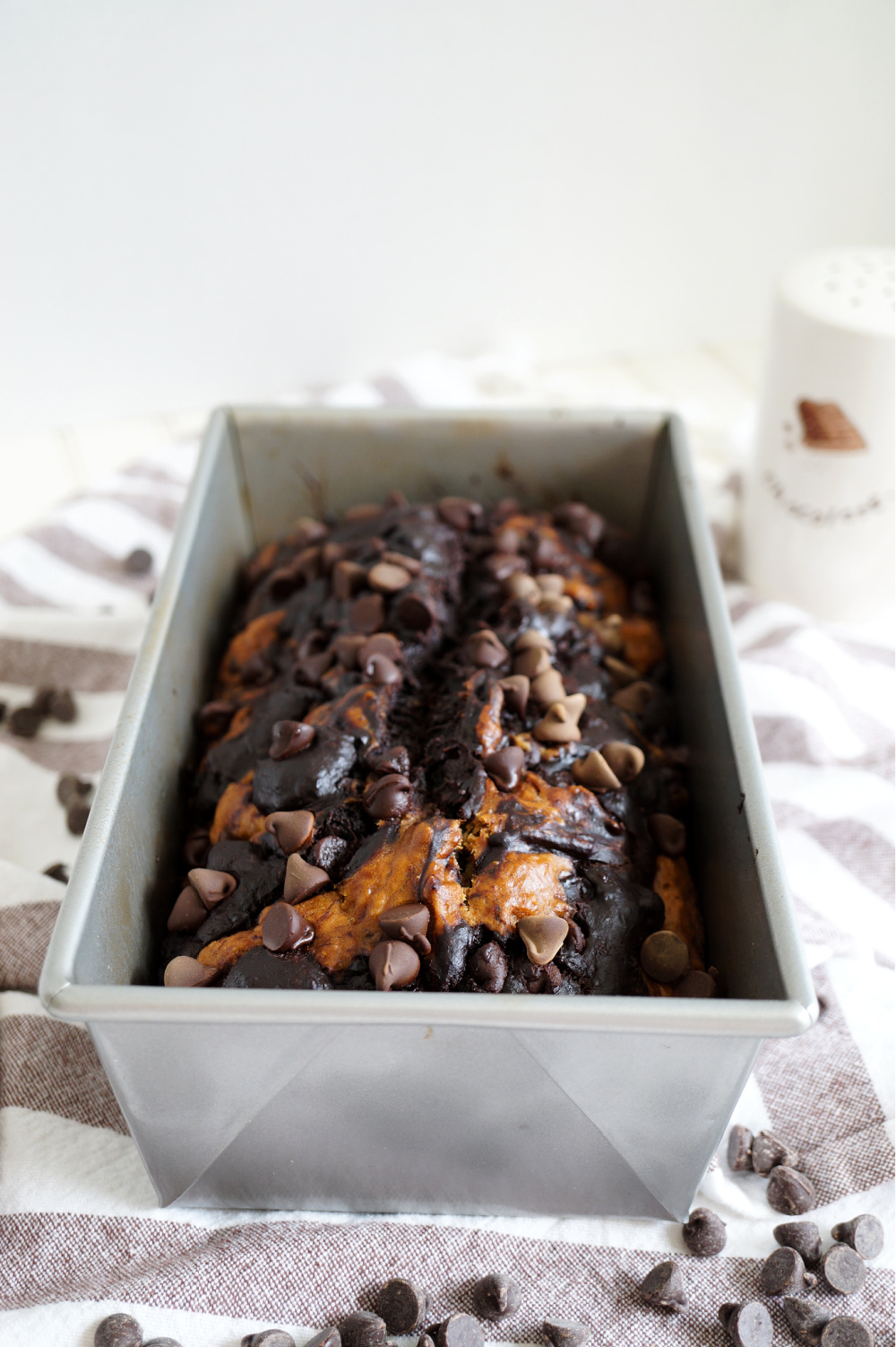 marble banana bread in baking pan