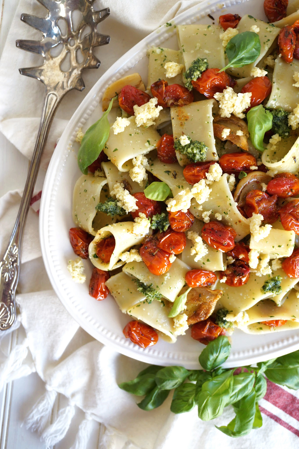 overhead shot of half plate of pasta