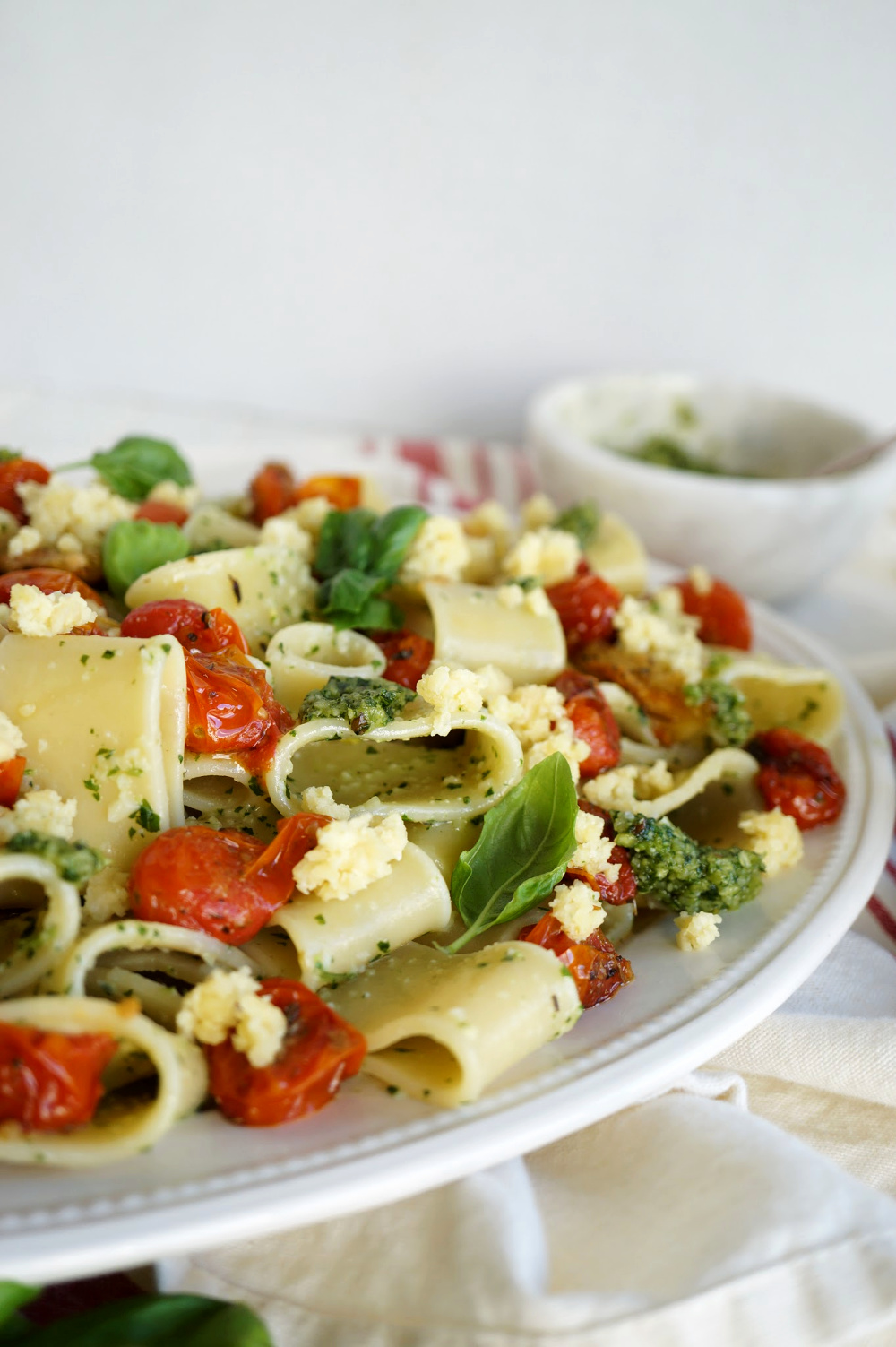 close up of plate of pesto pasta