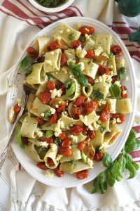 overhead shot of pasta with serving spoon