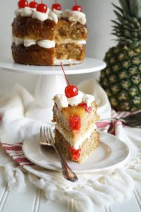 head-on view of slice of pineapple cake