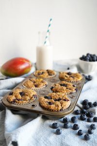 blueberry mango muffins in metal pan with fruits