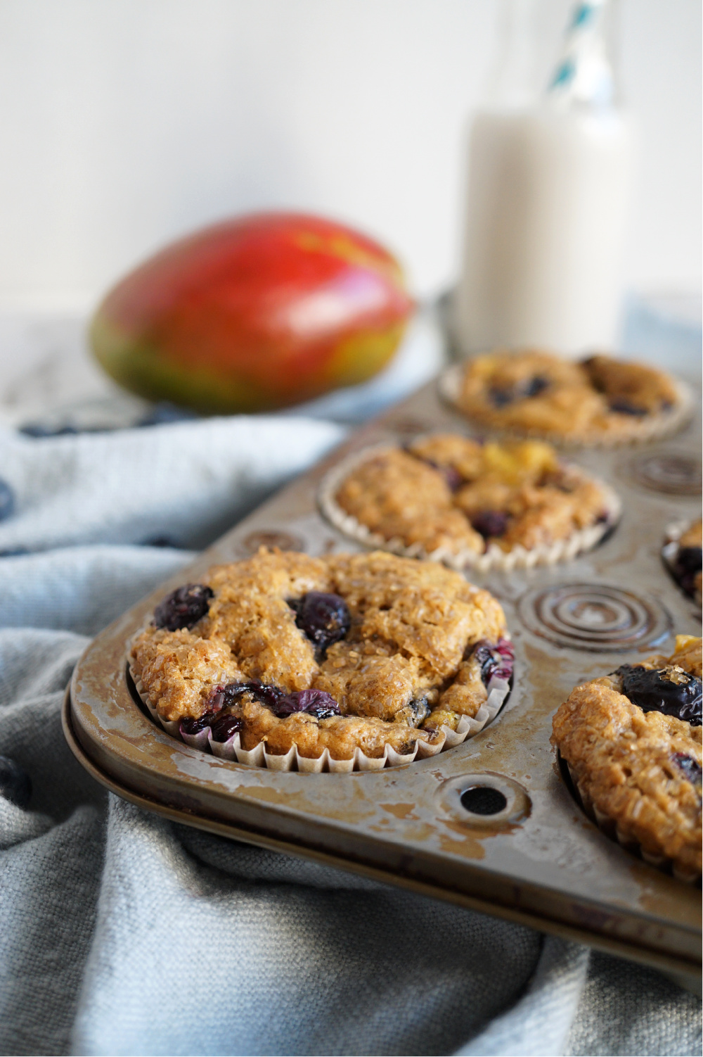 close up of blueberry mango muffin