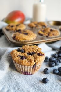 blueberry mango muffin in wrapper on towel