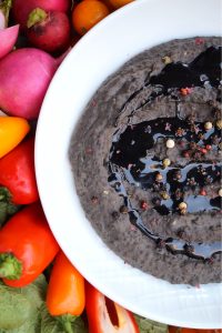 overhead shot of black lentil hummus