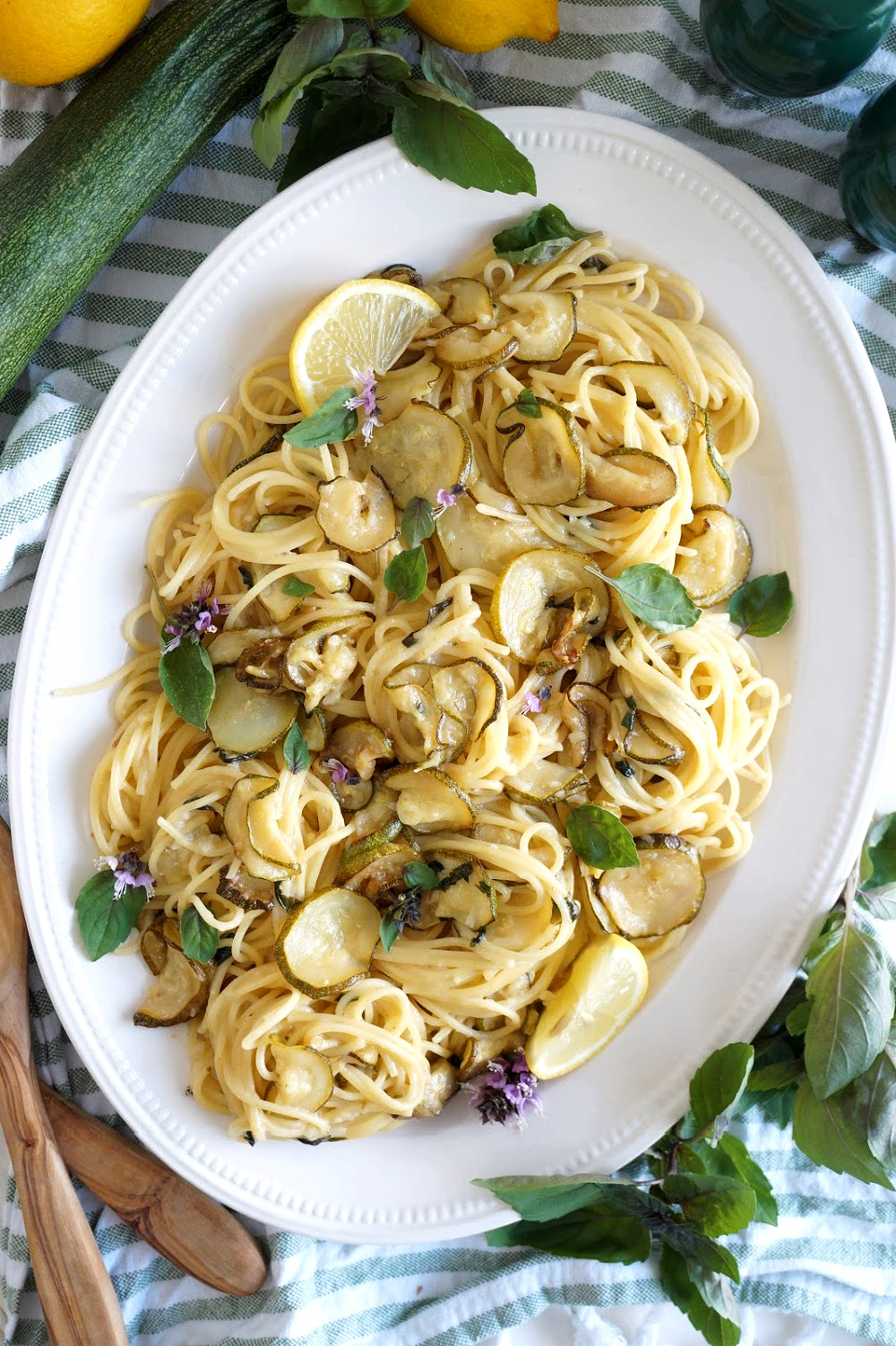 overhead plate of zucchini pasta