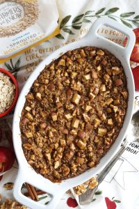 overhead shot of pan of baked oatmeal