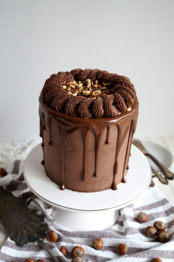 angled shot of chocolate hazelnut cake