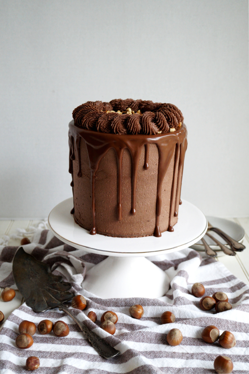 photo of chocolate hazelnut cake on stand