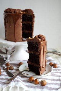 slice of chocolate hazelnut layer cake on plate
