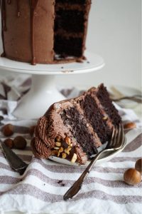 slice of chocolate hazelnut cake on plate