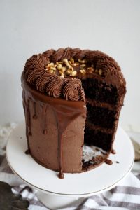 chocolate hazelnut cake with slice cut out
