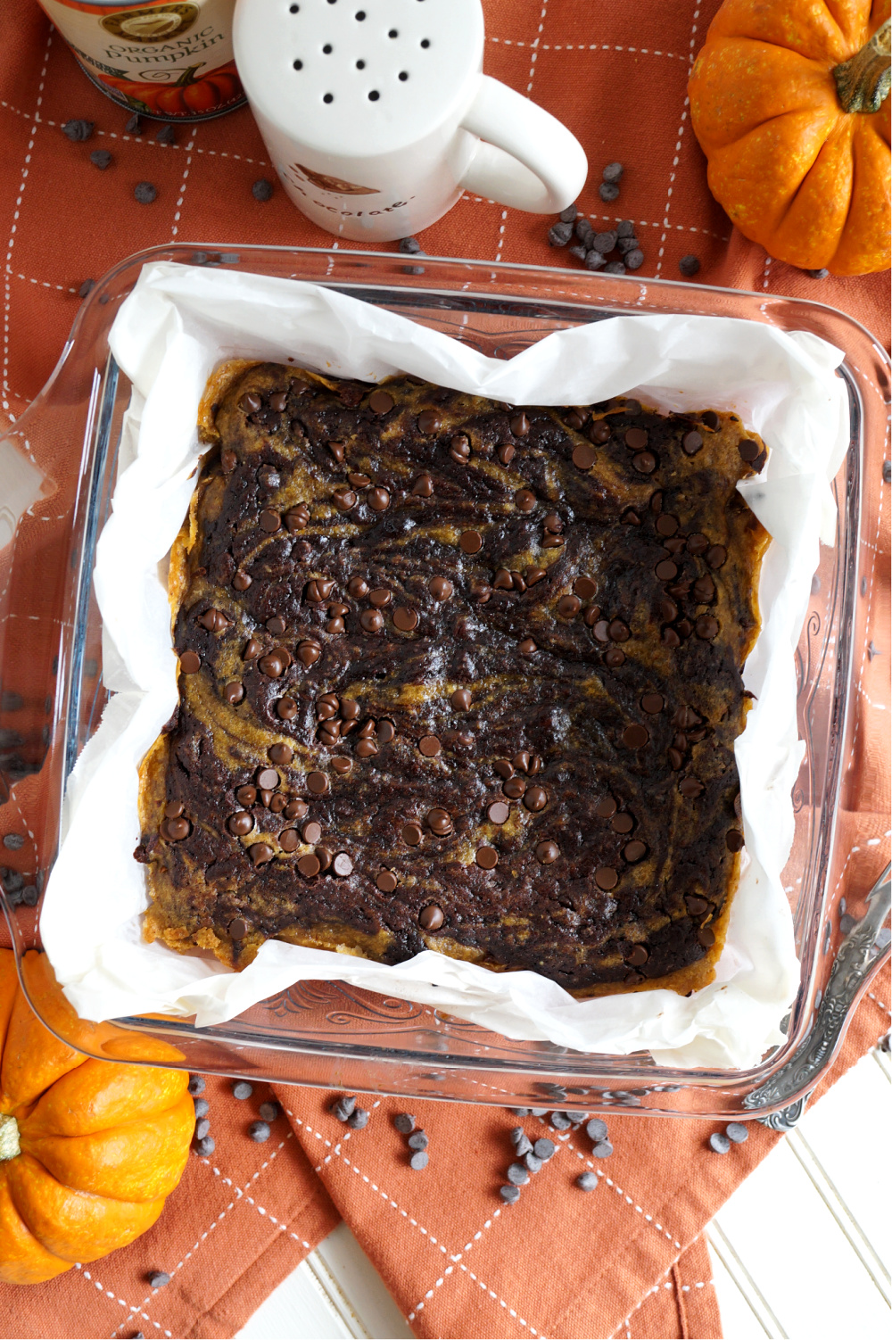 overhead shot of pan of brownies