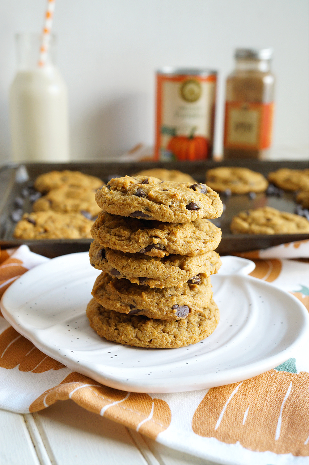 stack of vegan pumpkin chocolate chip cookies on plate