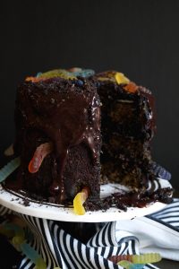 dirt & worms cake with slice cut