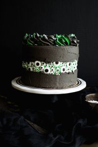 black cake with a peekaboo section of candy eyeballs