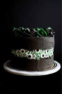 close up of eyeball cake with green and black frosting