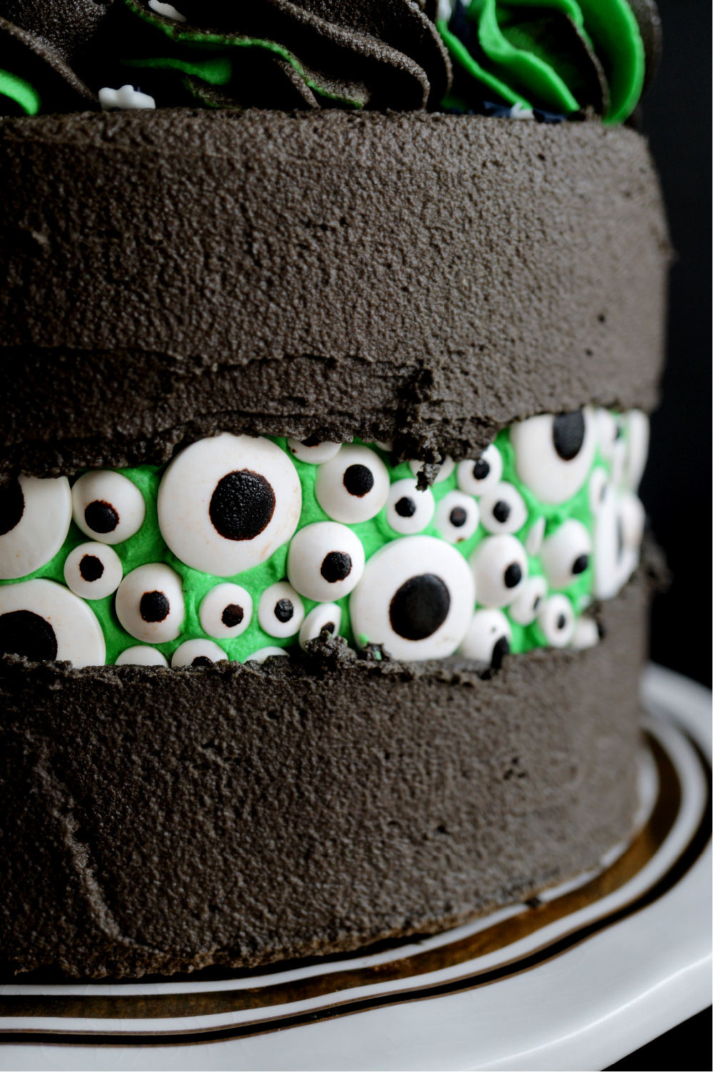 close up of candy eyeballs on side of cake