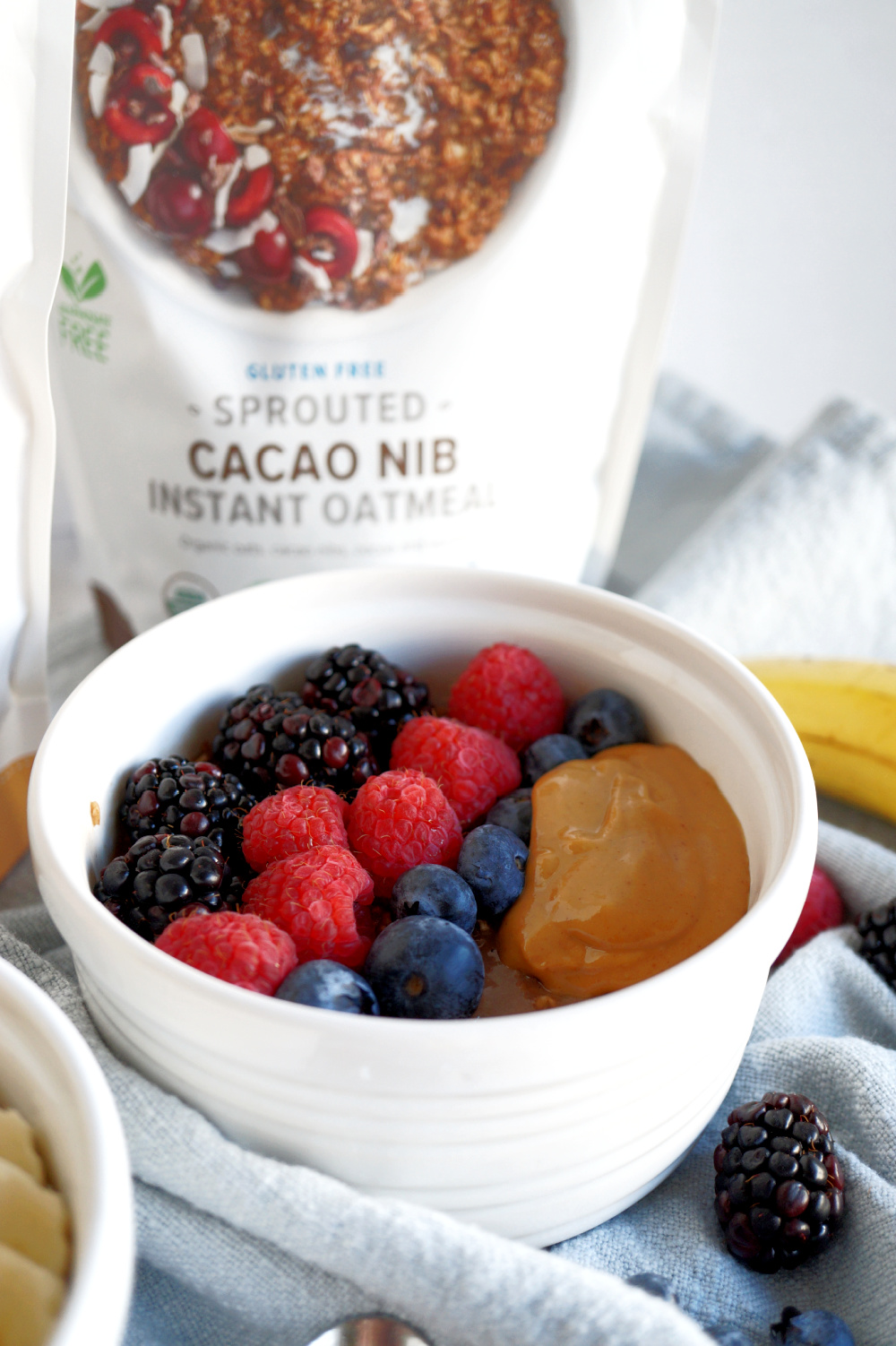 bowl of chocolate oats with berries and peanut butter