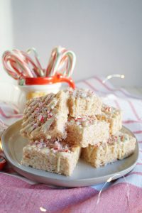 plate of candy cane rice krispie treats