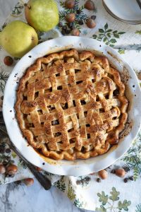 overhead shot of pear pie