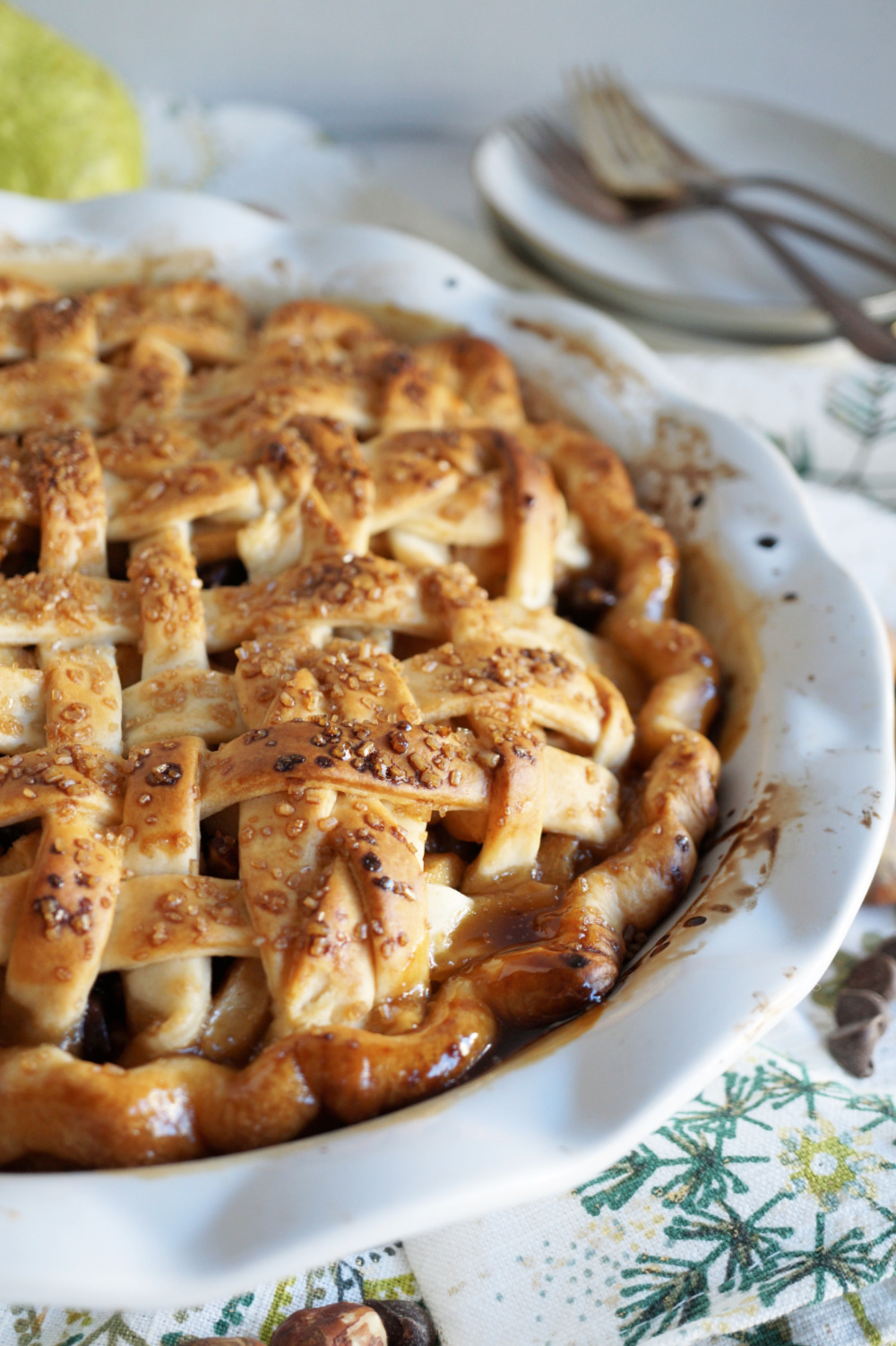 close up shot of crust of pear pie