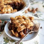 slice of chocolate hazelnut pear pie on a plate