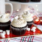 chocolate cupcakes with marshmallows on red tray