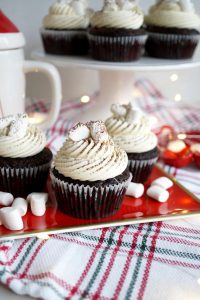 chocolate cupcakes with marshmallows on red tray