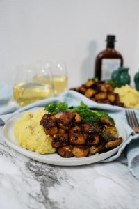 plate of balsamic tofu with mashed potatoes and veggies