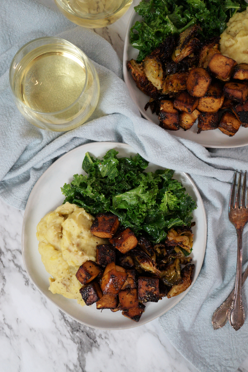 overhead shot of balsamic herb tofu with sides