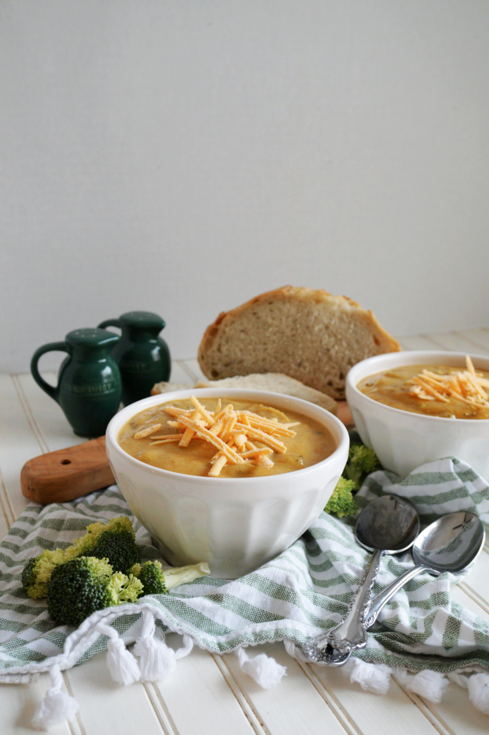 bowls of broccoli cheese soup