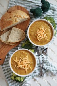 overhead shot of broccoli cheese soup