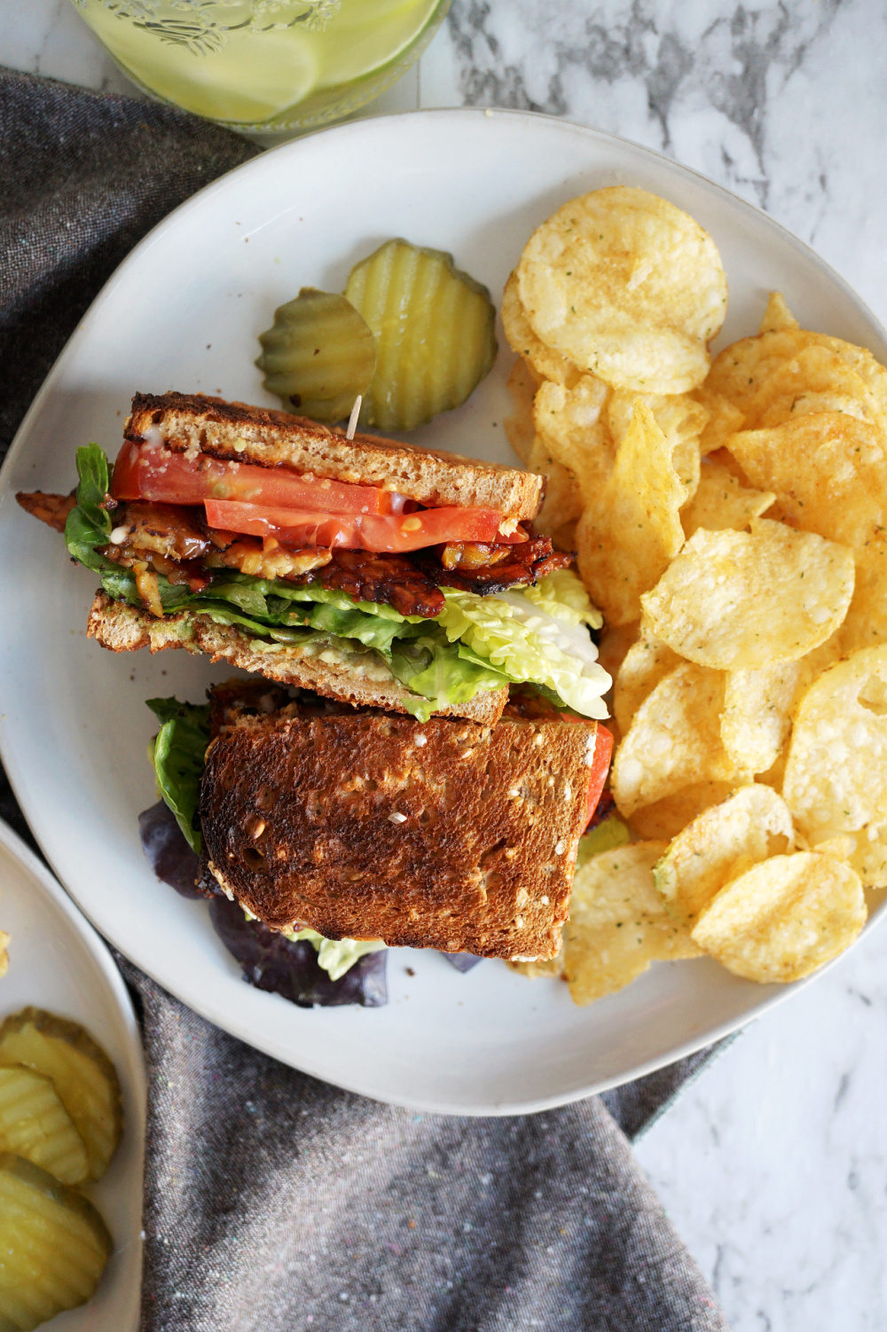 overhead shot of vegan BLT cut in half