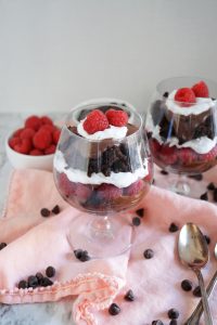 parfait glass with chocolate and raspberries