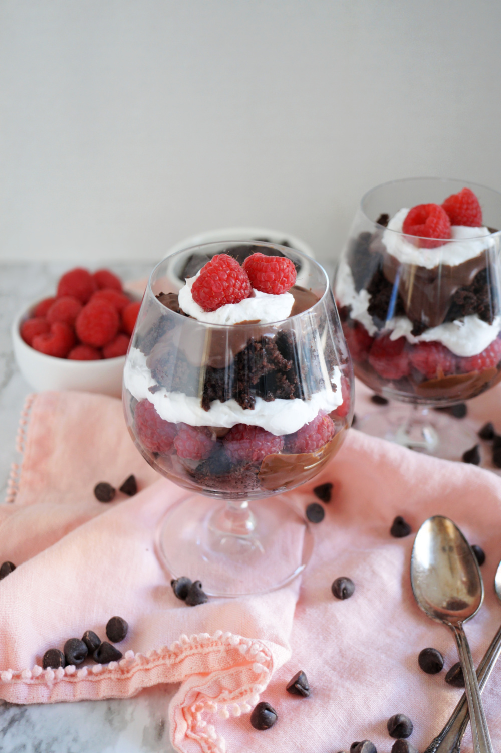 parfait glass with chocolate and raspberries