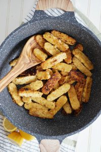 cooking pan of tempeh strips