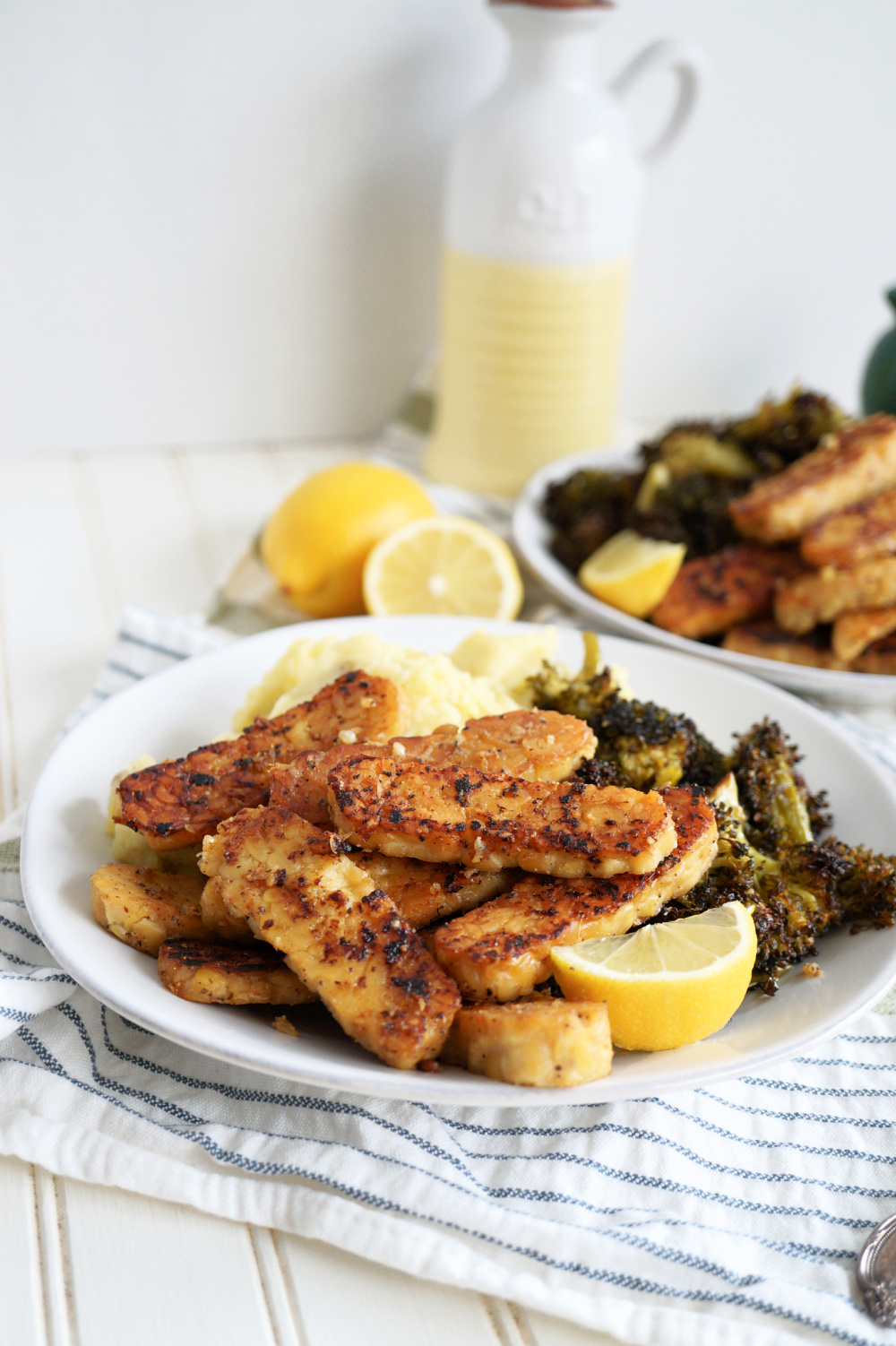 plate of crispy tempeh with lemon pepper marinade